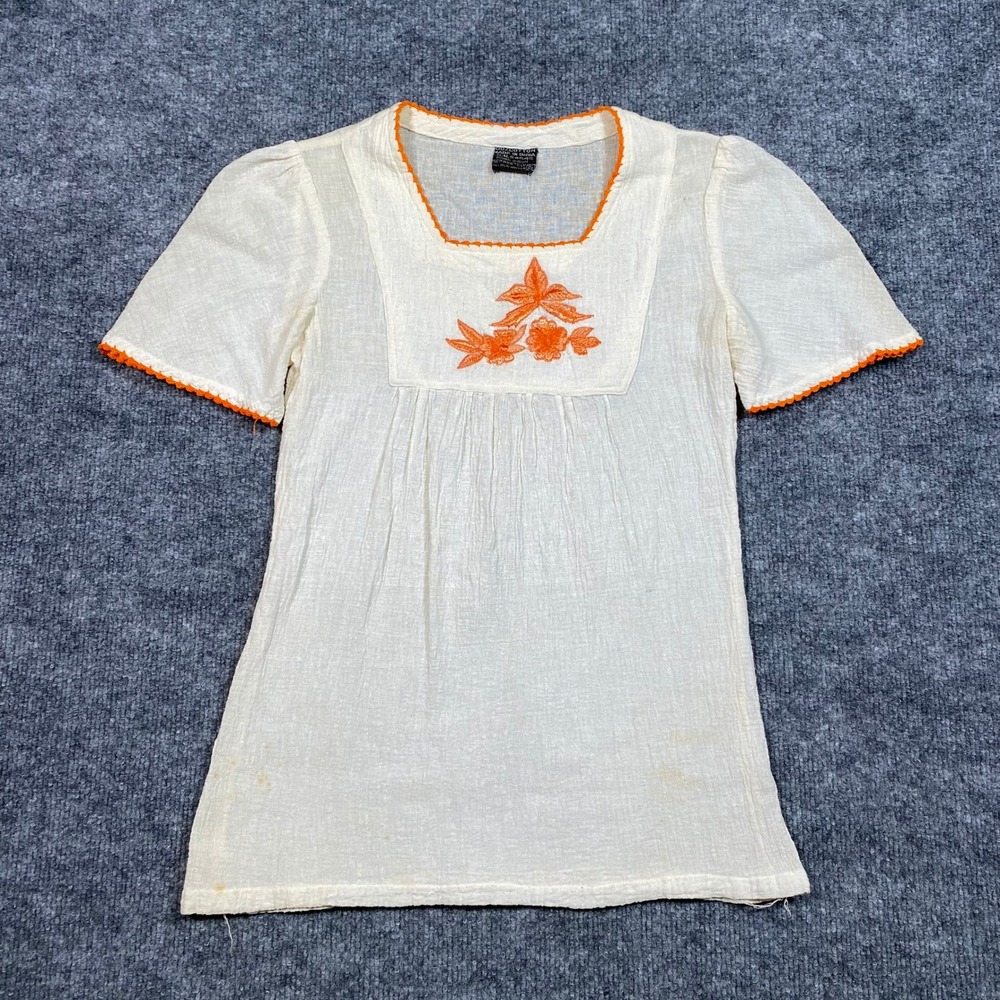 Vintage 70s Gauze Cotton Floral Embroidered Boho Blouse Orange Trim Cream Small